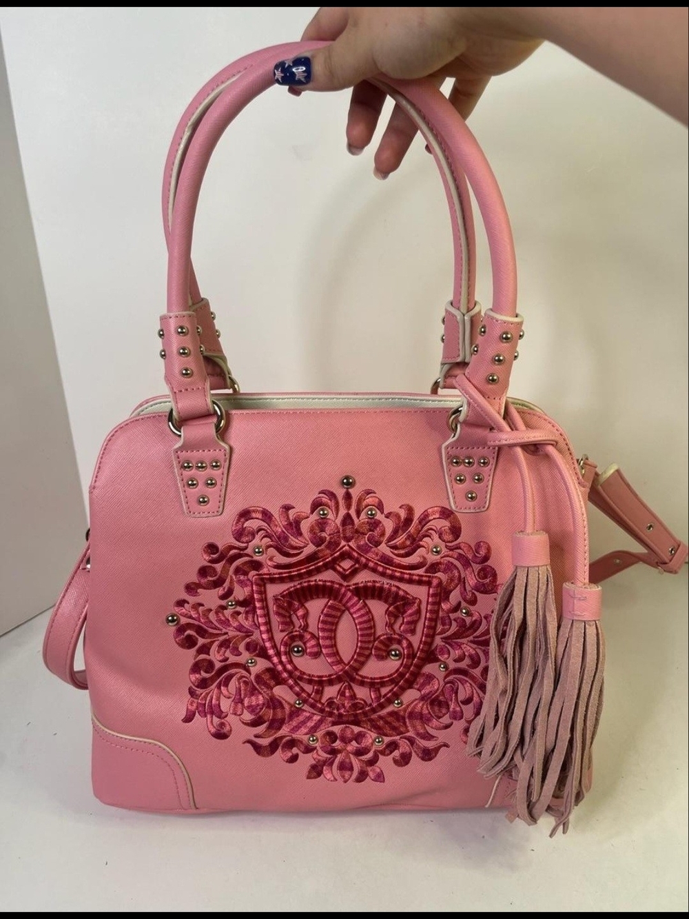Sharif 1827 Embroidered Pink Satchel with Tassel Accent